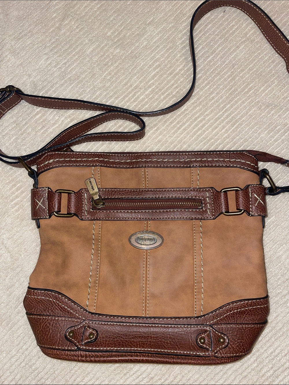 B.O.C. Concept Purse Brown Tan Faux Leather Crossbody Shoulder Bag.